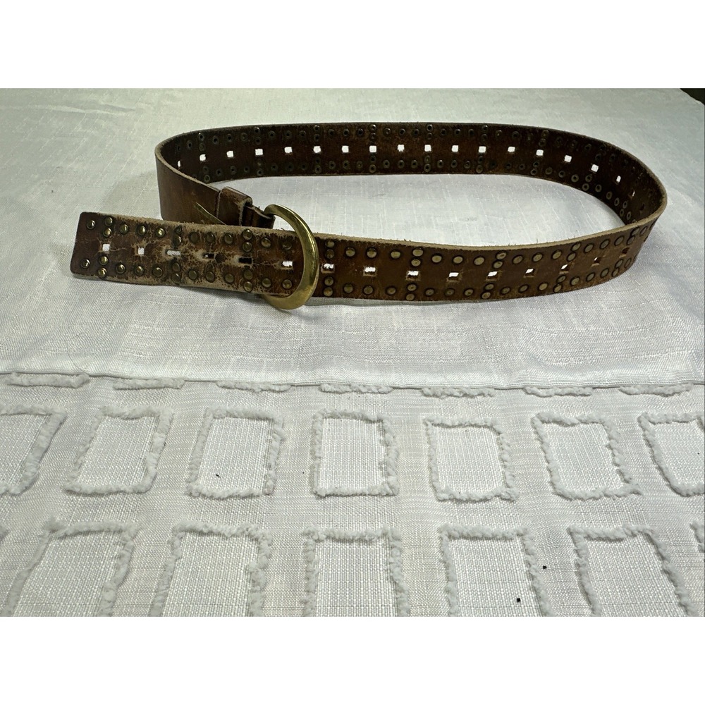 Small Med Brown Leather Studded Western Belt Solid Brass Buckle Wide Distressed